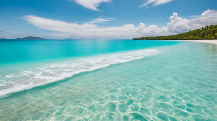 Crystal clear sea water bay. Pristine ocean lagoon water and sunny cloudy sky. 