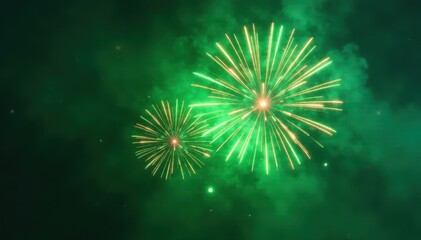 Green fireworks explode, shimmering stars, lush smoke trails , celebration, dramatic, sparkler