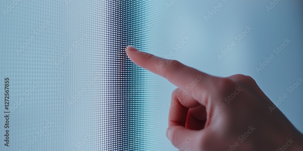 Poster wealth management concepts. finger touching a digital screen with pixelated texture.