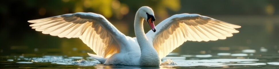 Obraz premium Majestic white swan with broad wings, sunlit feathers gleaming , wings, wild, spring