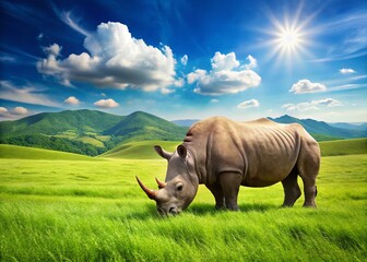 Obraz premium Rhino Grazing in Lush African Savannah: Wildlife Stock Photo