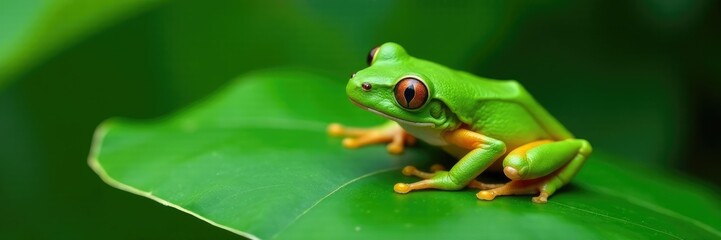 Green tree frog with brown spots resting on a large leaf, green, insect