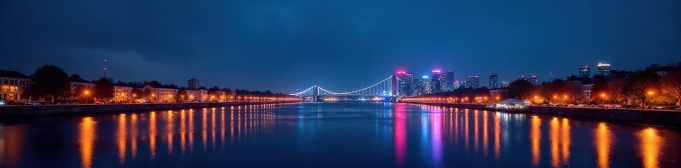 Fototapeta premium Riverfront at night, city lights glowing on water, illuminated, reflection, dark
