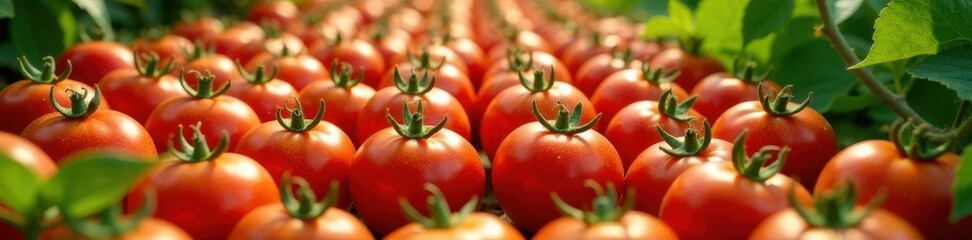 Rows of plump organic tomatoes ready for picking , tomatoes on vine, farmland, full vine