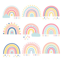Hand drawn cartoon rainbow collection. Vector illustration for background textile texture packaging print.