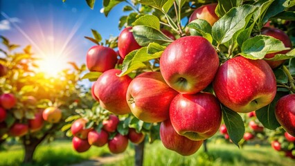Ripe Red Apples Hanging on a Sunny Summer Apple Tree Branch - Abundant Orchard Harvest