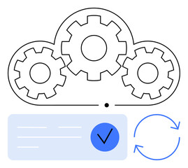 Cloud with interconnected gears, checkmark on blue circle, two curved arrows for synchronization. Ideal for cloud computing, data management, automation, updates, workflow, accuracy reliability