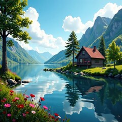 Fototapeta premium Rustic lakeside cottage, serene sky reflection, travel, reflection, serenity