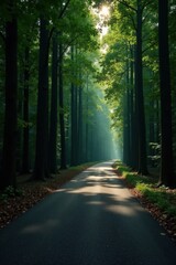 Obraz premium Sunlit Path Through a Verdant Canopy of Trees Leading to a Misty Horizon