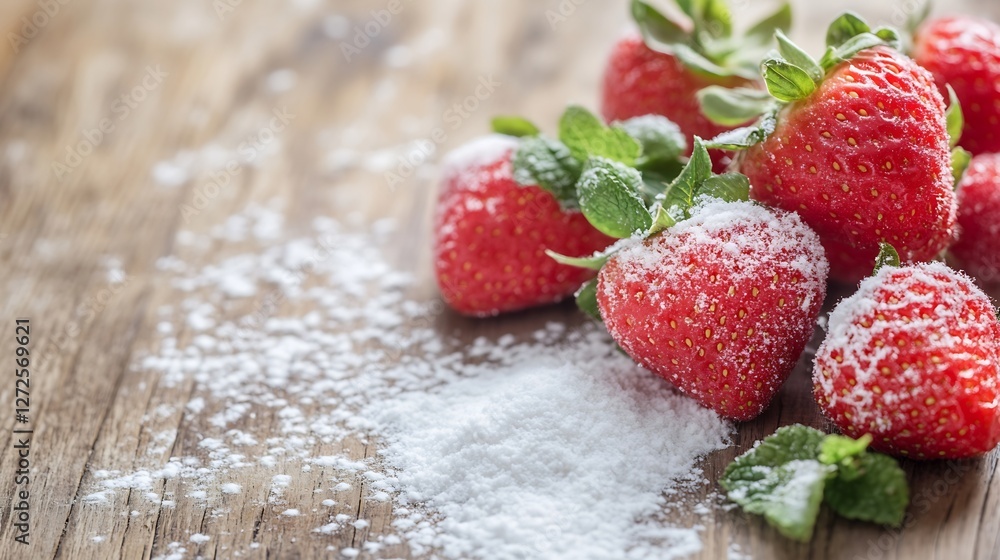Poster fresh and juicy strawberries with sugar on rustic wooden background : generative ai