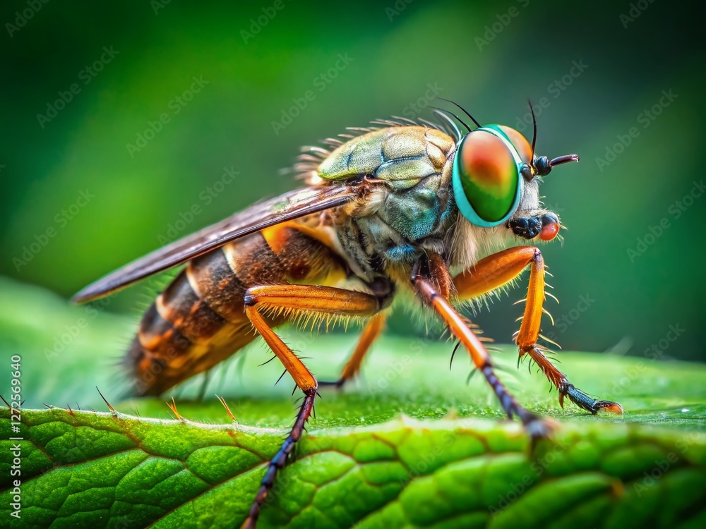 Poster robber fly on leaf with bokeh background - macro stock photo