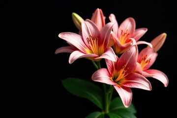 Fototapeta premium Several pristine lilies, fully opened, against solid black , design, botanical