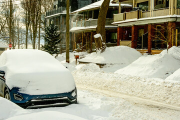 Snow filled residential street in Toronto after a midwinter snow storm shot in the Beaches...