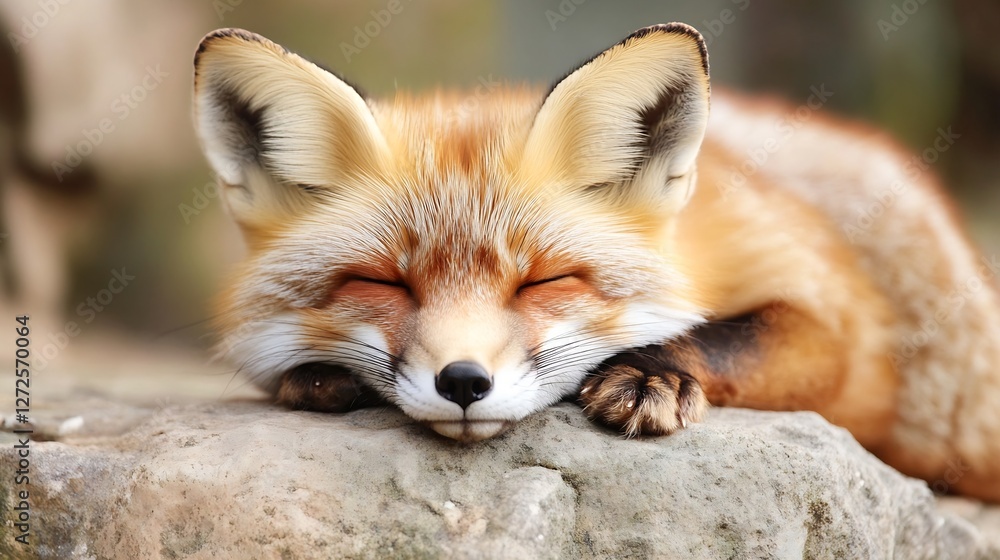Poster charming and playful fox enjoying a restful nap on soft rock with a sweet smile : generative ai