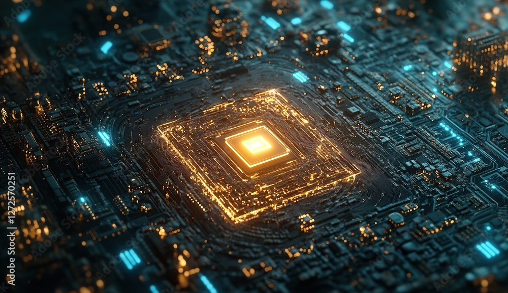 Poster exploring the intricate circuits of a microprocessor's core with glowing pathways, illuminating tech
