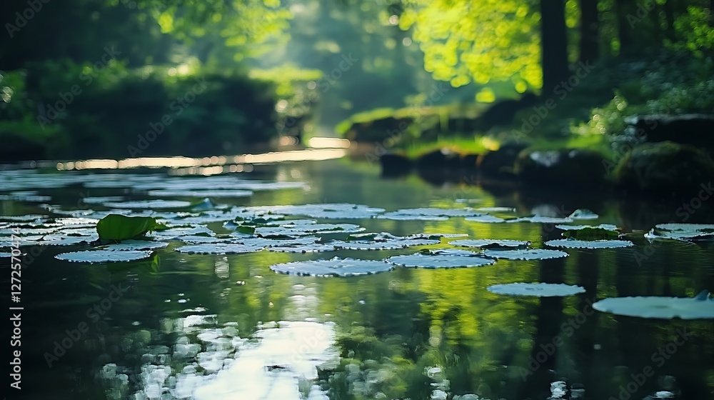 Poster Serene water reflection with lily pads creating a peaceful natural scene in a lush forest : Generative AI