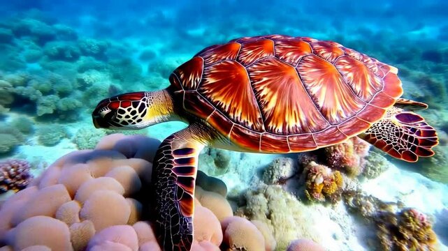 A vibrant sea turtle with a reddish brown shell gracefully swims over a coral reef. Pink and beige coral formations create a stunning underwater