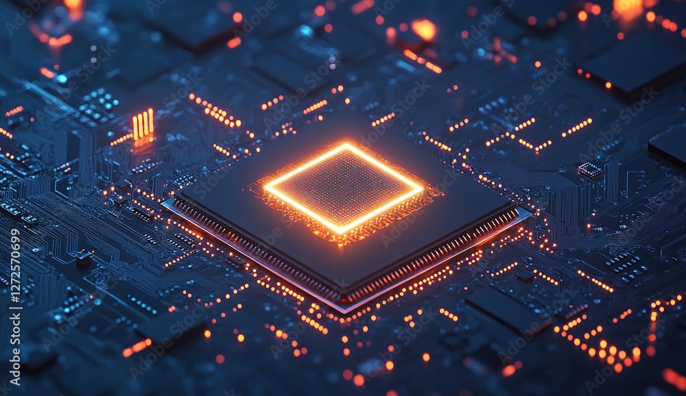 Poster exploring the microchip's intricate circuits: a glowing core illuminates technological advancement b