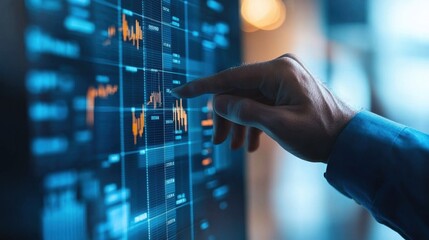 Risk management. Hand interacting with a digital data visualization display.