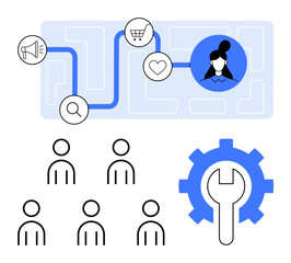 Maze path highlighting search, purchase, engagement woman avatar five user icons cog with wrench. Ideal for marketing, customer journey, user engagement, customer service, digital tools, automation