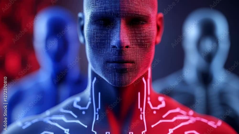 Poster close up of a person with a face split between blue and red patterns, other similar figures blurred 