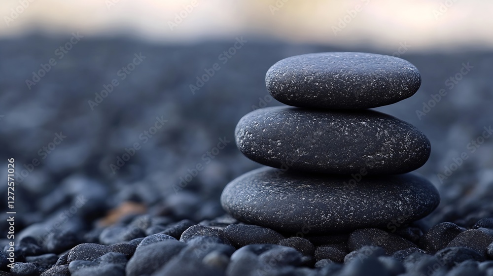 Poster three smooth black stones stacked harmoniously on a pebbly surface in nature : generative ai