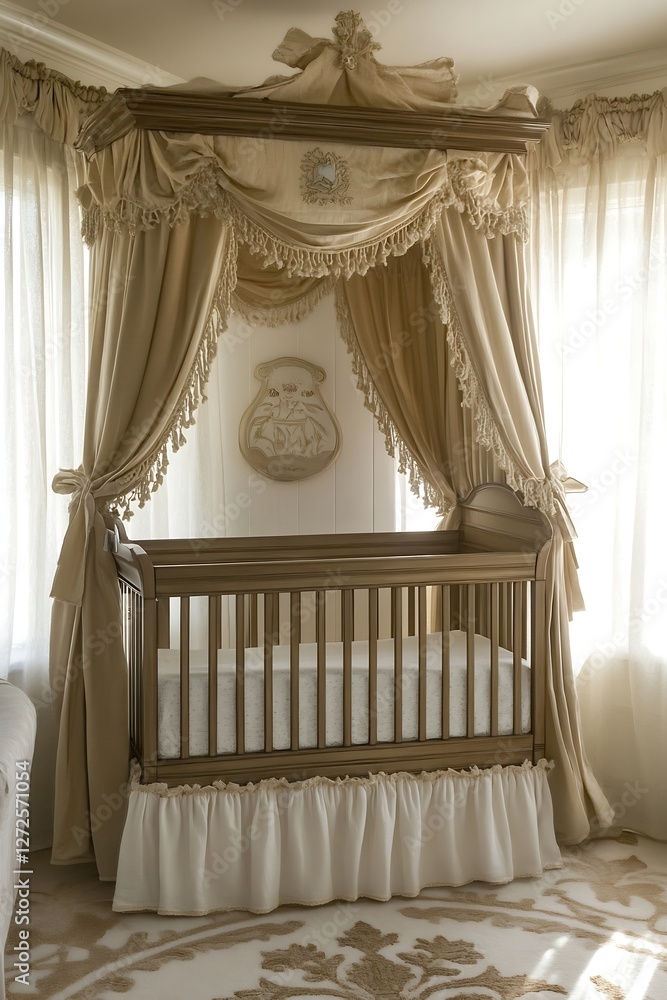 Poster elegant baby crib with canopy draped in soft cream fabric creating a dreamy nursery atmosphere : gen