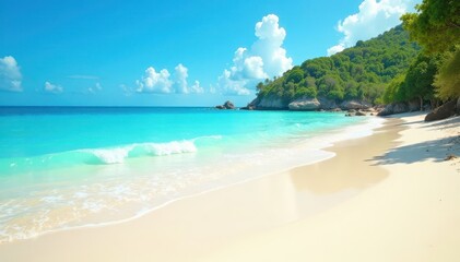 Fototapeta premium Sun-drenched sand, turquoise waves gently lapping shore, landscape, photography, tropical