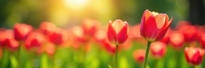 Sun-drenched tulips in vibrant hues, summer meadow , red, august, garden