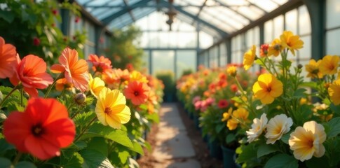 Naklejka premium Sunlit greenhouse overflowing with diverse primrose varieties, greenhouse, flora