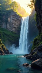 Sunlit waterfall cascades down rugged cliffs into a pristine pool , scenic, nature