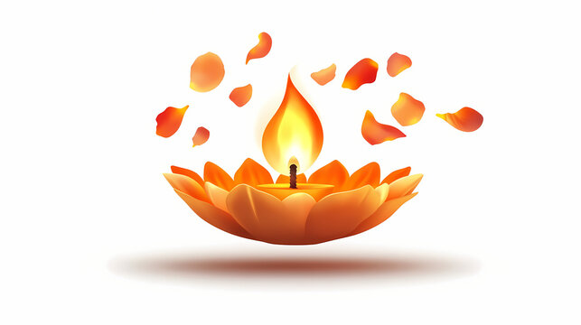 Flat floating diya with flower petals: modern gravity-defying illustration - traditional meets contemporary, isolated on white background. Floating Luminous Petals. Illustration