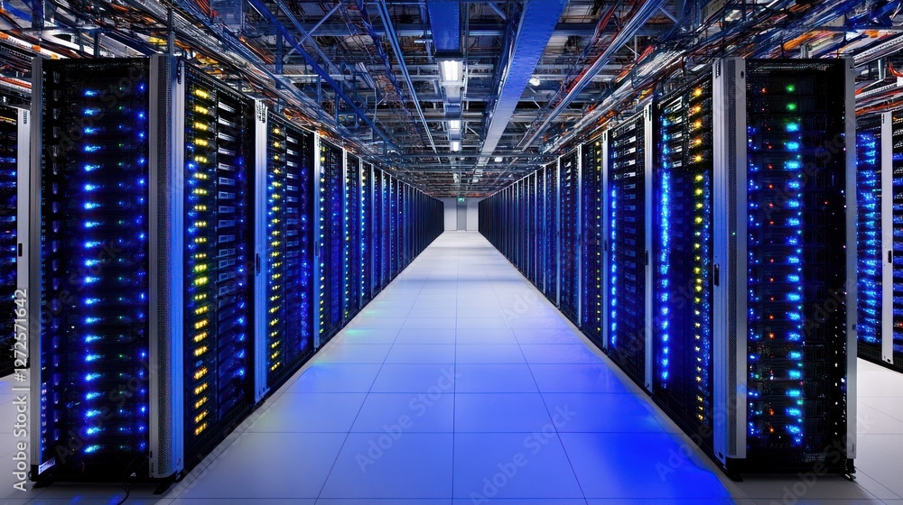 Poster illuminated server racks line data center corridor