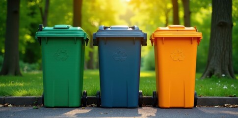 Three vibrant recycling bins against a backdrop of trees , nature, colorful waste