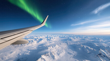 stunning aerial view of Northern Lights over snowy mountains