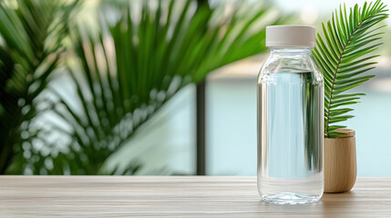 Obraz premium clear hydration bottle on wooden table with greenery in background