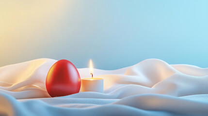 Orthodox Easter Monday banner with gold to sky blue gradient background, traditional red Easter egg placed on white linen cloth with burning candle beside it