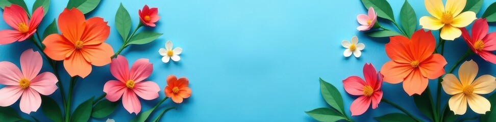 Vibrant paper flowers, blue backdrop, central space, element, wedding