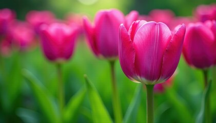 Fototapeta premium Vibrant purple tulips burst forth, lush green leaves surround , color, foliage, purple tulips