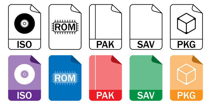 Set of game file format icons (ISO, ROM, PAK, SAV, PKG) in outline and color styles. Perfect for gaming, emulation, and digital storage projects.