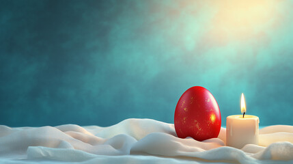 Orthodox Easter Monday banner with gold to sky blue gradient background, traditional red Easter egg placed on white linen cloth with burning candle beside it