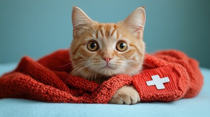 Sick ginger kitten wrapped in red sweater, vet visit