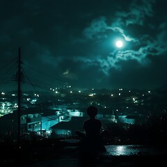 Nighttime meditation overlooking city lights under full moon