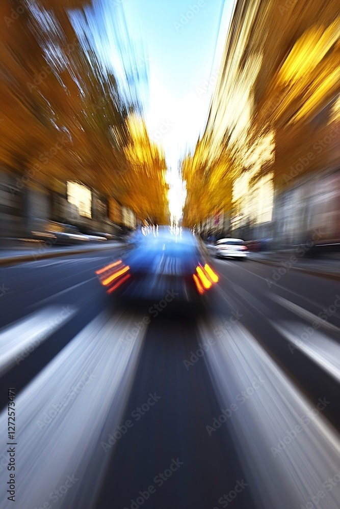 Aufkleber dynamic street view with blurred motion of a car and vibrant autumn colors in the background : gener