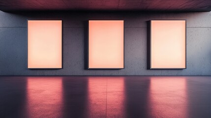 A modern gallery space featuring three illuminated blank canvases against a minimalist backdrop, creating a striking visual contrast.