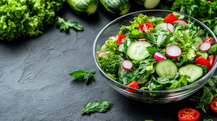 Fresh garden salad with cucumbers, tomatoes, and radishes in bowl