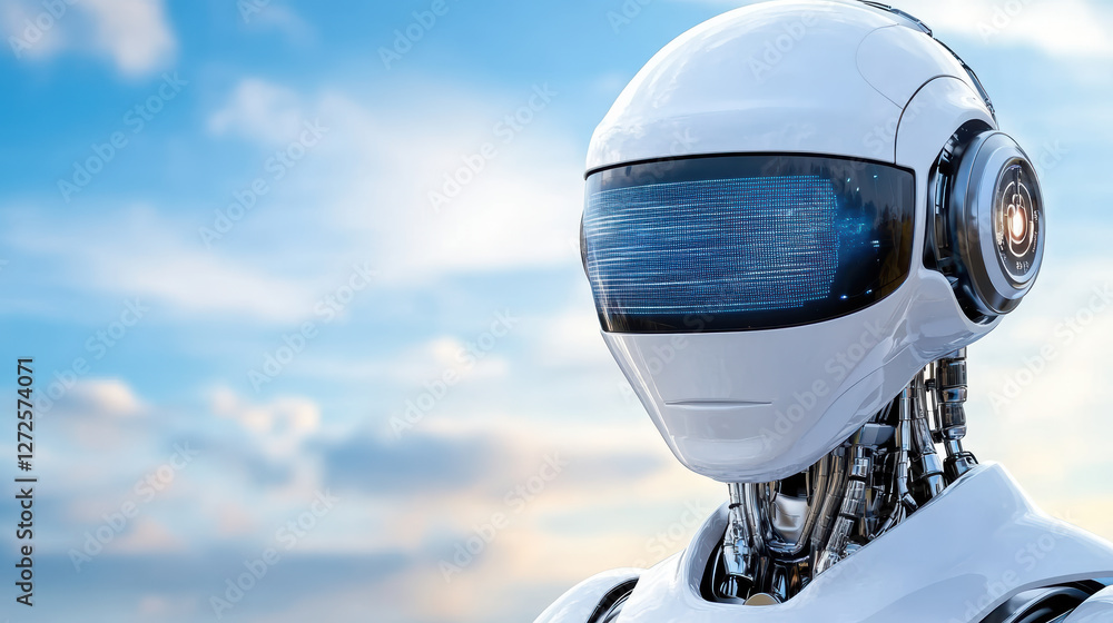 Poster futuristic robot with sleek design and digital display