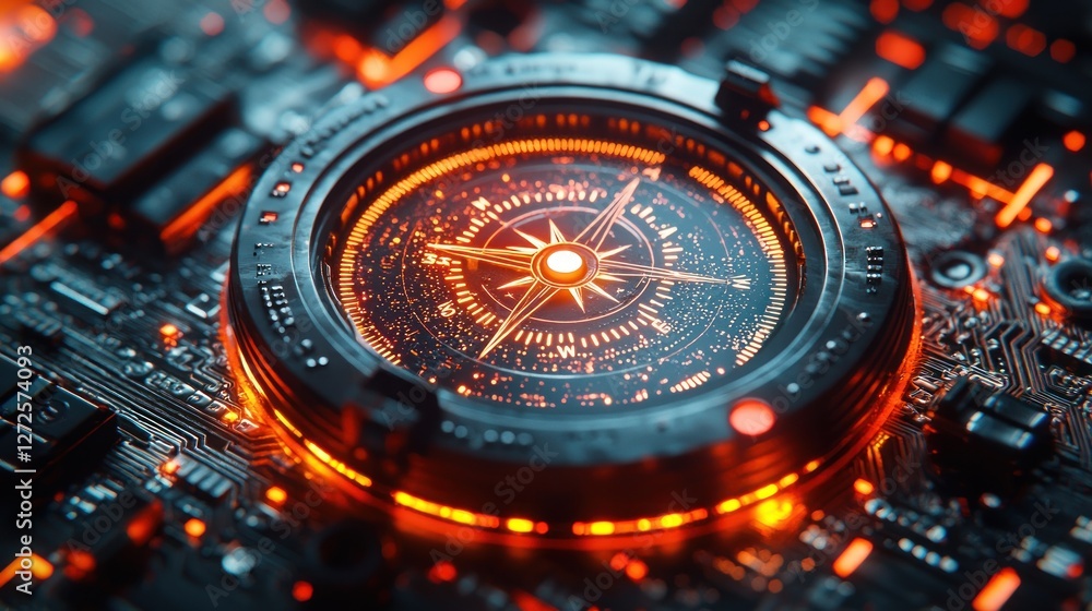 Poster futuristic compass embedded in circuit board