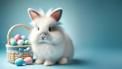Fototapeta premium Adorable Fluffy White Bunny with a Woven Easter Basket Full of Pastel Eggs 