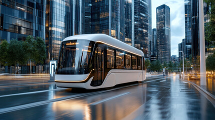 Obraz premium Futuristic electric bus traveling through smart city at dusk